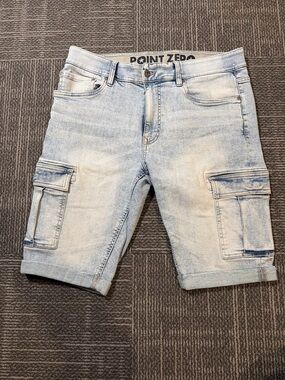 Point Zero Light Blue Denim Cargo Shorts with Rolled Hem